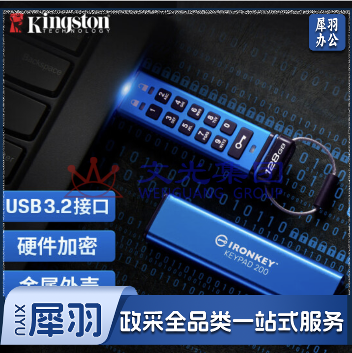 金士顿 128GB USB3.2 Gen1 U盘 IKKP200 256位AES硬件数字加密 金属外壳