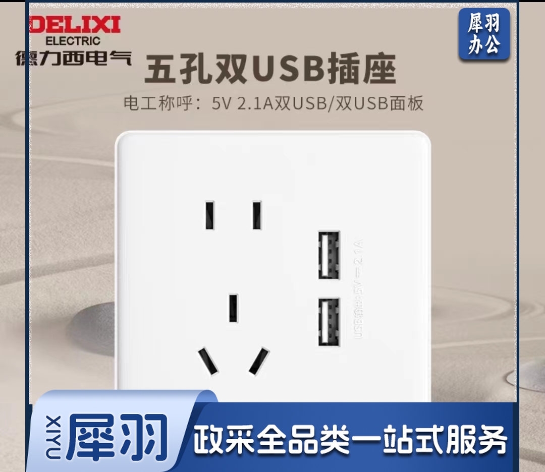 德力西双USB五孔插座