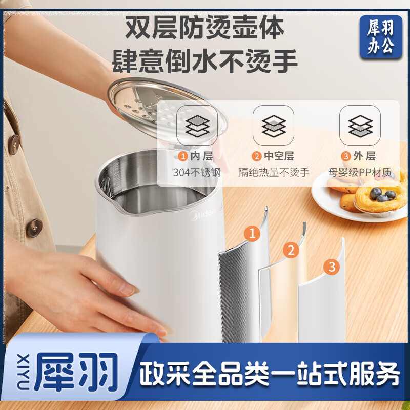 美的电水壶热水壶大容量 家用烧水壶304不锈钢 双层防烫无缝内胆电热水壶 快速烧水 1.5L 1566