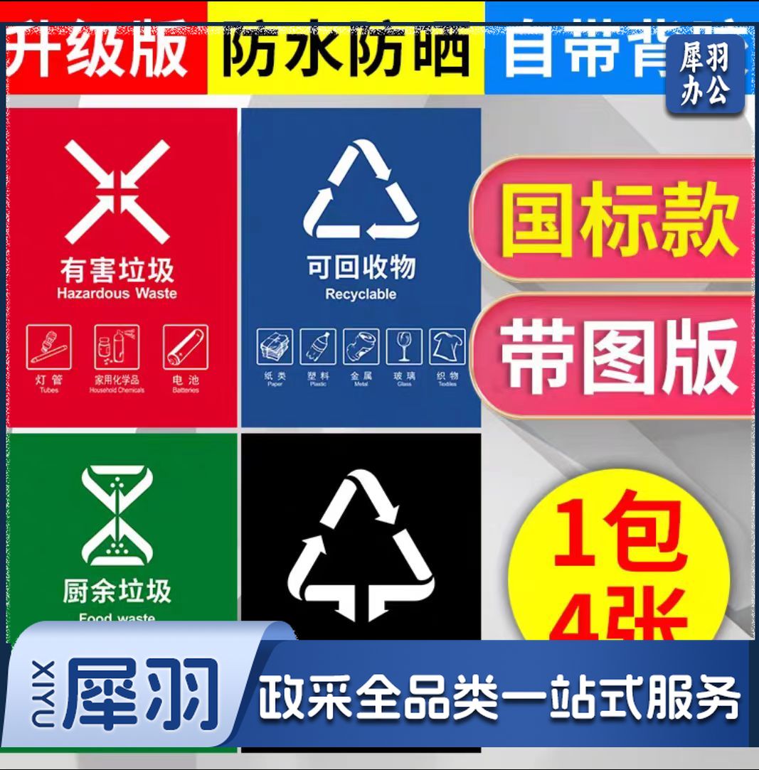 垃圾分类标识牌 不可回收标示贴 国标带图垃圾分类贴(4个/套) (尺寸30*40)
