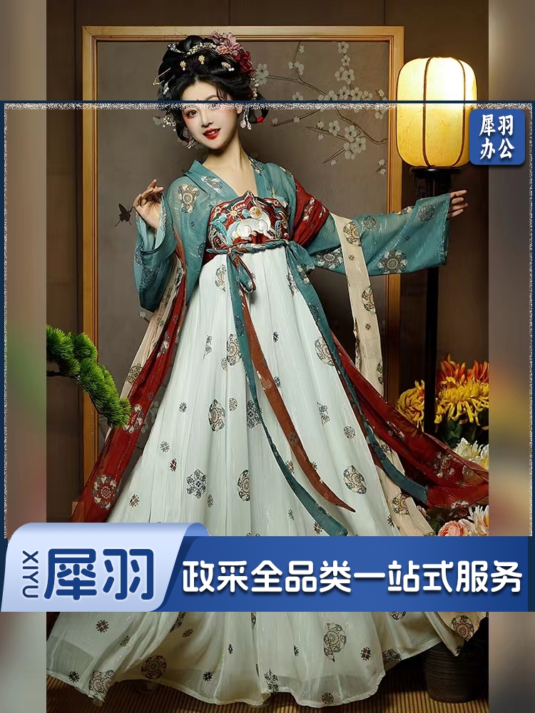 汉服民族服装教学用品 汉服女春夏唐制齐胸襦裙国风春夏薄款 绿色上衫+白裙子+双披帛(4件套)