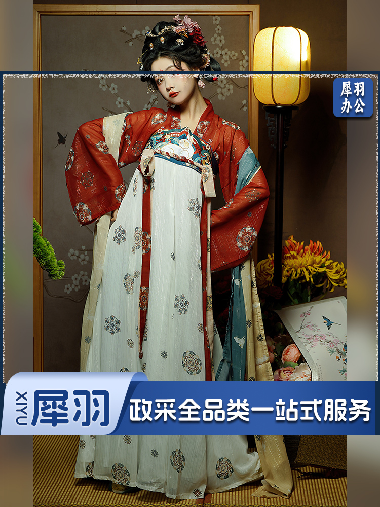 汉服民族服装教学用品 汉服女春夏唐制齐胸襦裙国风春夏薄款 红色上衫+白裙子+双披帛(4件套)