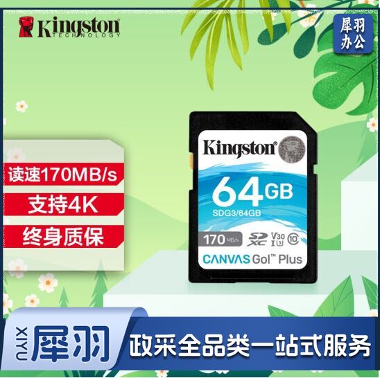 金士顿（Kingston）SDG3/64GB SD存储卡 U3 V30 相机内存卡 高速sd卡大卡 4K超高清拍摄 读速170MB/s 写速90MB/s