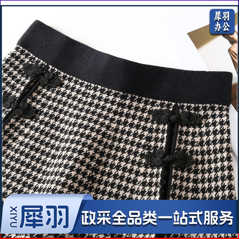 国风复古毛线千鸟格半身裙时尚气质女装短款高腰A字裙针织毛线裙 卡色