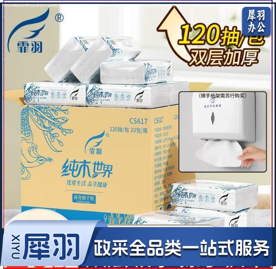 霏羽擦手纸2层120抽*20包商用酒店商场卫生间抹手纸干手纸柔整箱CS617