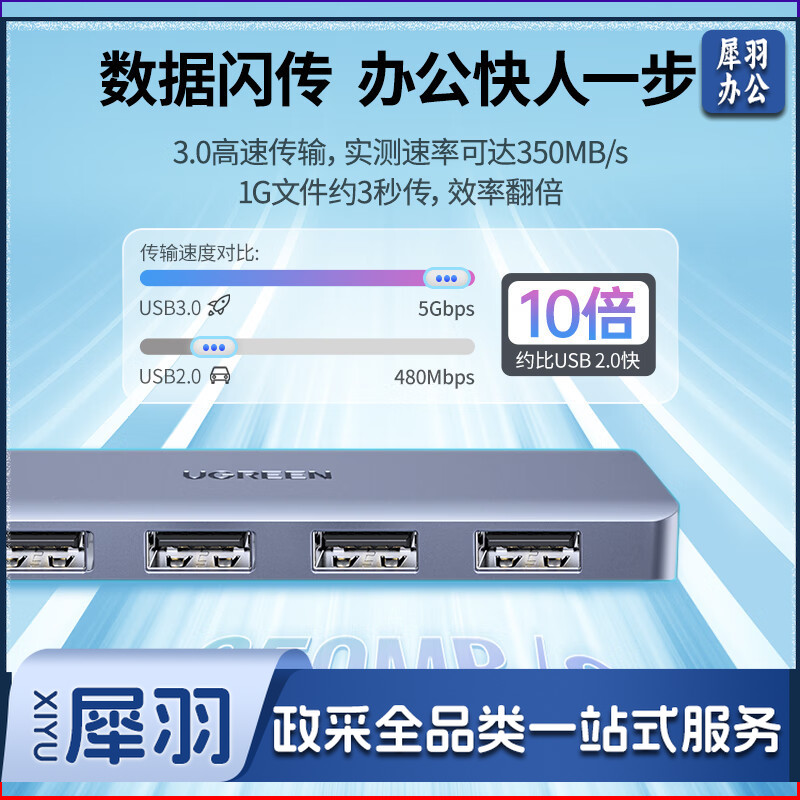 绿联 USB3.0分线器扩展坞 高速4口集线器HUB拓展坞 笔记本电脑一拖多接口转换器转接头延长线带供电口 0.5米