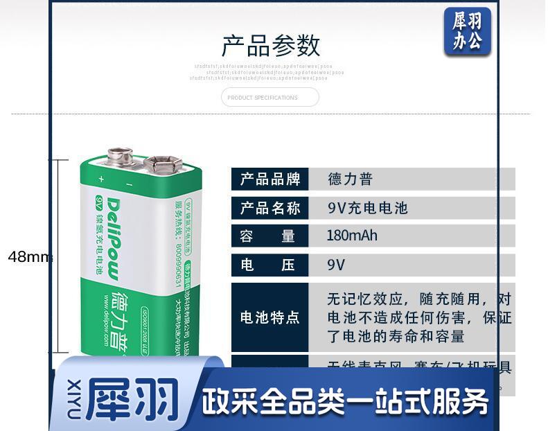 德力普 Delipow 9V充电电池 九伏9号6f22方形电池 适用话筒 麦克风 电吉他 万用表等 3.jpg