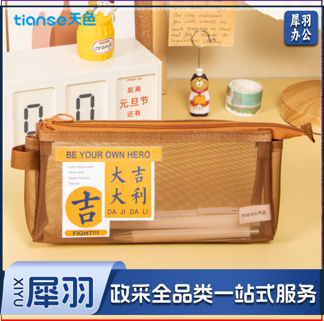 天色(TIANSE)透明网纱笔袋 开学必备礼物复古色系铅笔袋文具盒文件袋简约ins收纳盒 TS-261 琥珀棕(大吉大利)(个)