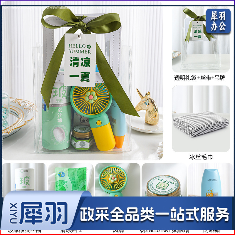 夏日防暑降温包套装礼品员工福利夏季清凉礼包护士节（清凉套餐七：玻尿酸冰袖+风扇+驱蚊膏+冰丝毛巾+冰凉贴+防晒霜+吊牌冰凉贴+冰袖+吊牌