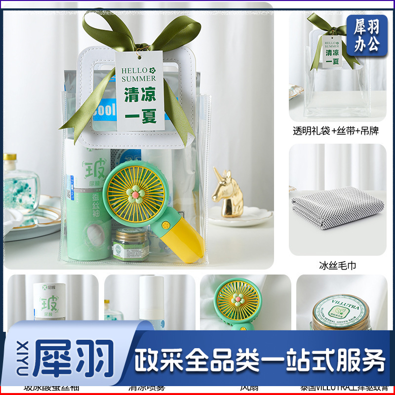 夏日防暑降温包套装礼品员工福利夏季清凉礼包护士节(清凉套餐4（玻尿酸冰袖+清凉喷雾+风扇+清凉膏+冰丝毛巾+吊牌）)