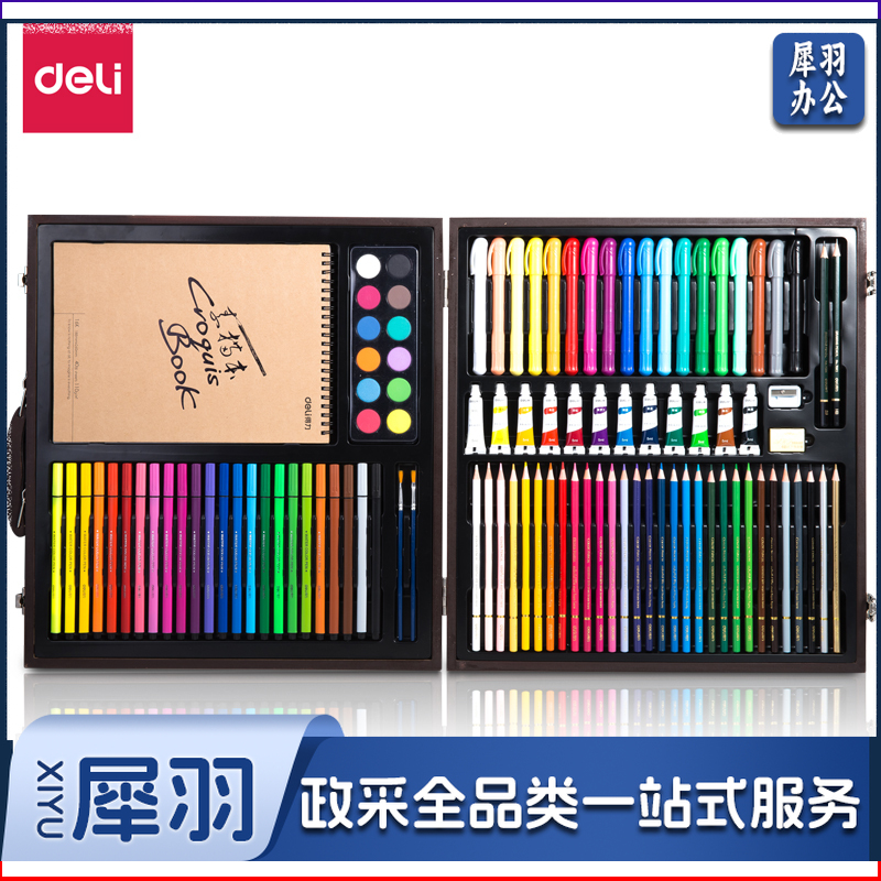 得力水彩笔绘画套装幼儿园专业美术绘画笔小学生文具礼盒可水洗彩笔涂鸦宝宝学习用品开学季礼物生日礼物 【103件】绘画套装-木质礼盒 75403    WLSZ04041015573833