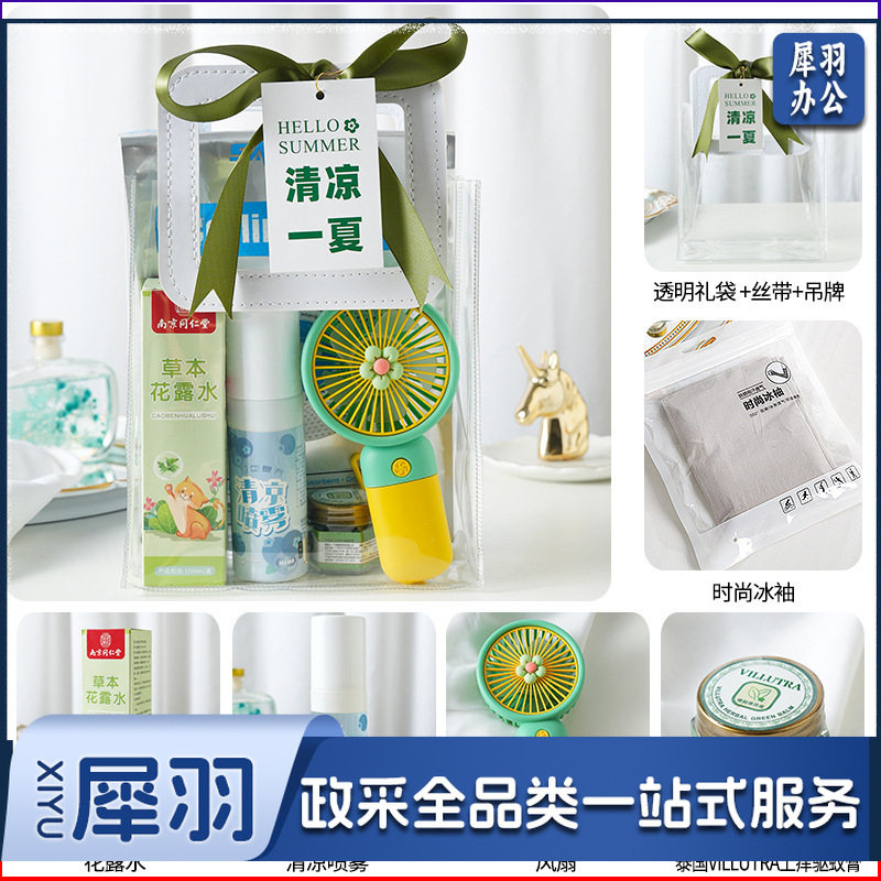夏日防暑降温包套装礼品员工福利夏季清凉礼包护士节(清凉套餐5（风扇+同仁堂花露水+清凉喷雾+驱蚊膏+时尚冰袖+吊牌）)