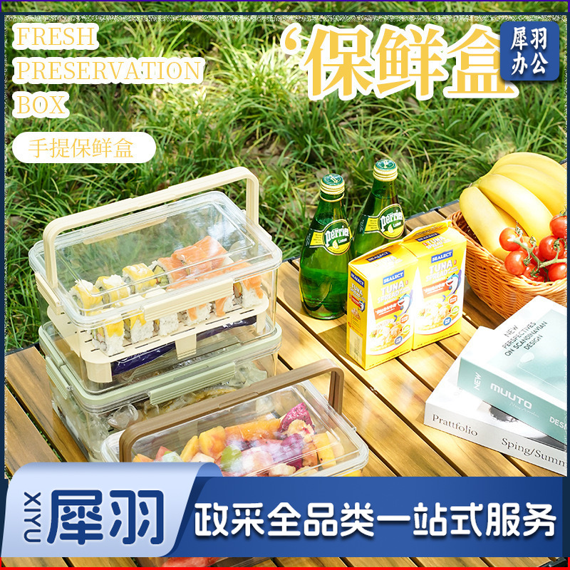 手提便携保鲜盒户外大容量春游水果便当盒密封盒长方形冰箱收纳盒（手提-胡克绿【纸盒包装】）
