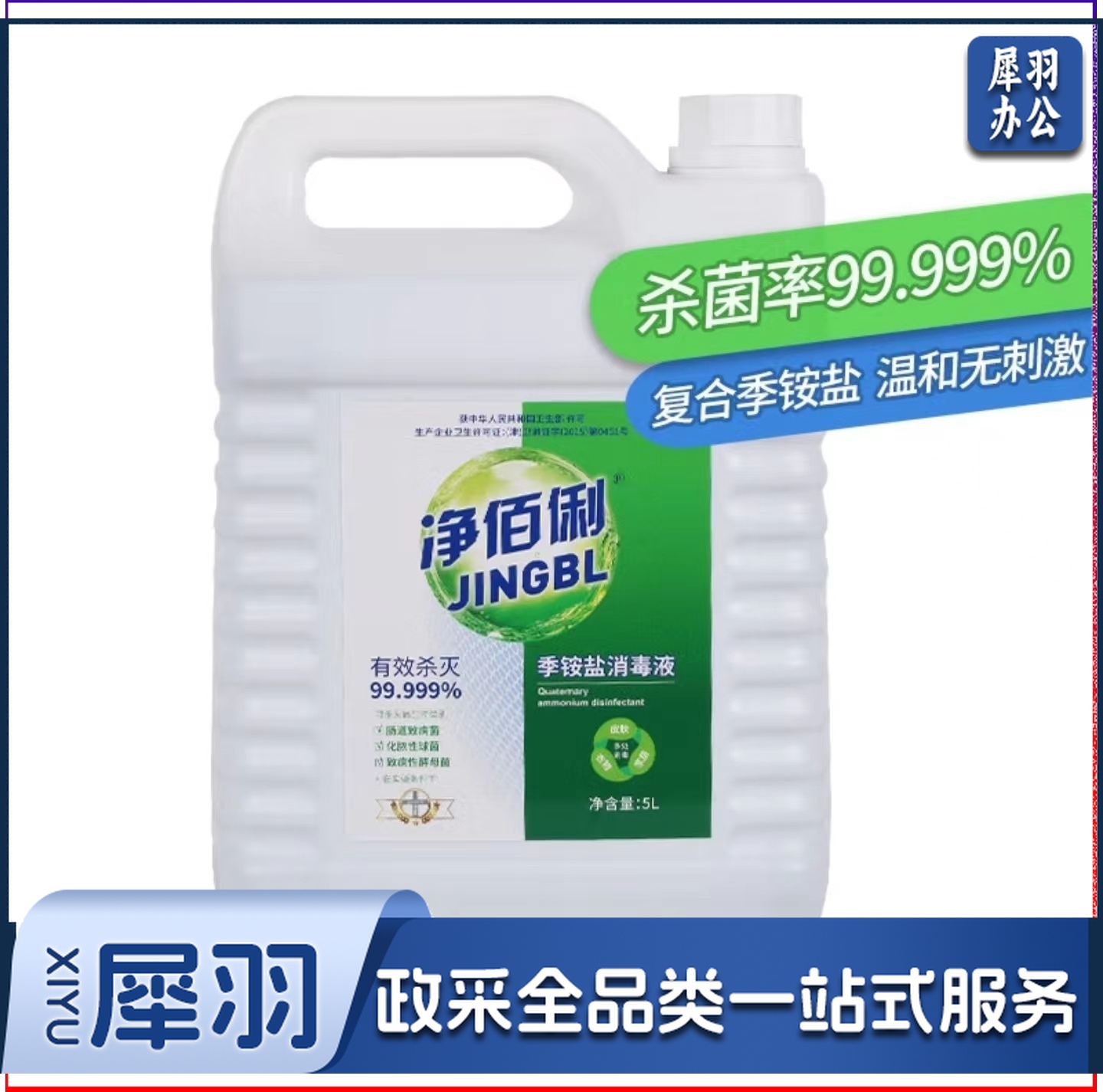 净佰俐季铵盐消毒液5L*4桶整箱 酒店工业单位家居