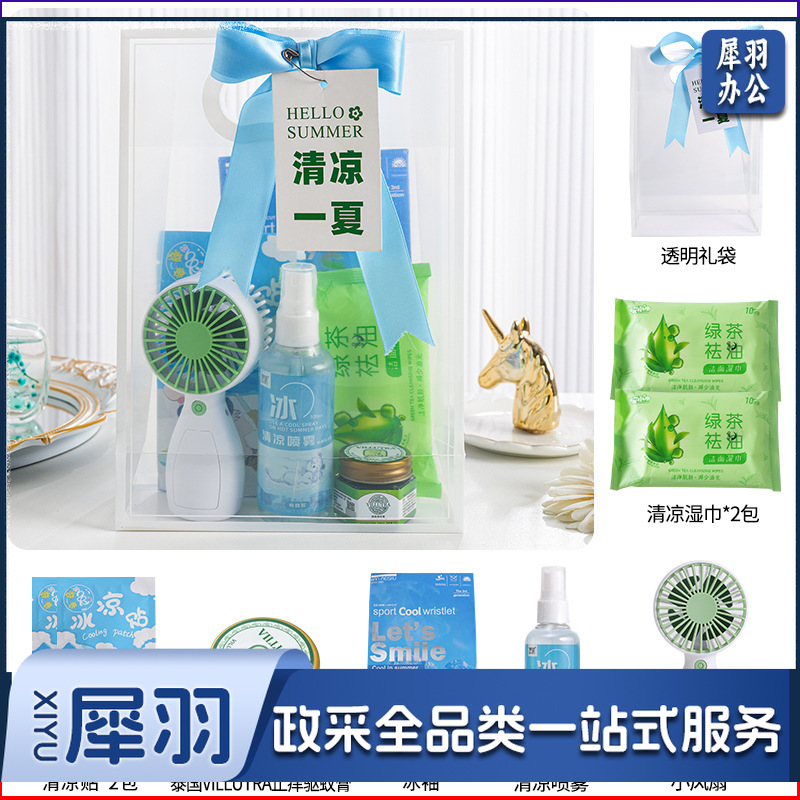 夏日防暑降温包套装礼品公司送员工福利夏季清凉礼包护士节(冰点套餐3（风扇+冰袖+清凉喷雾+驱蚊膏+冰凉贴+湿巾+吊牌）)