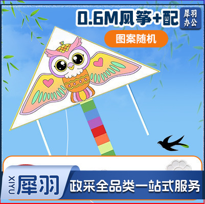 手绘风筝手工diy材料包绘画涂鸦儿童卡通玩具春季户外出游活动（填色风筝+0.6m【30m线+6色颜料+画笔+色盘】）