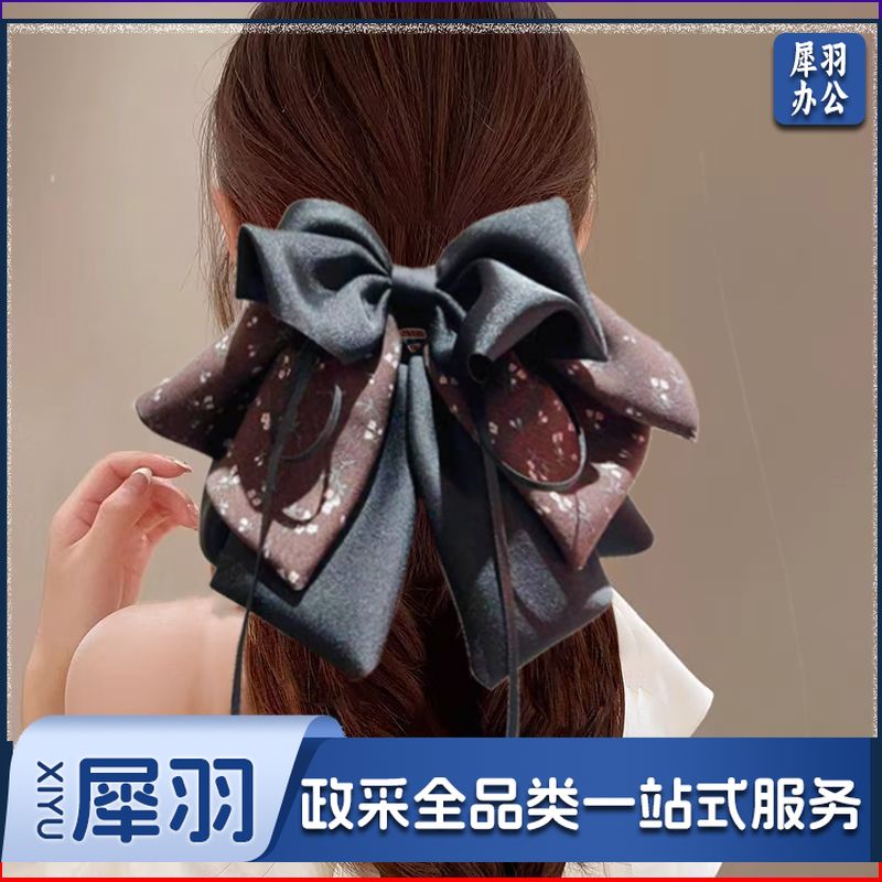 新款高级感清新碎花蝴蝶结抓夹气质飘带马尾夹后脑勺缎面发饰发夹（黑色清新碎花缎面抓夹）