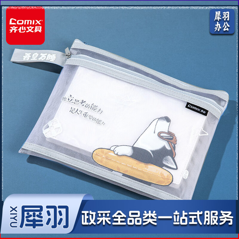 齐心（Comix）吾皇万睡A5文件袋透明双层网纱拉链袋档案袋办公资料袋试卷票据收纳袋 灰色WHA3368