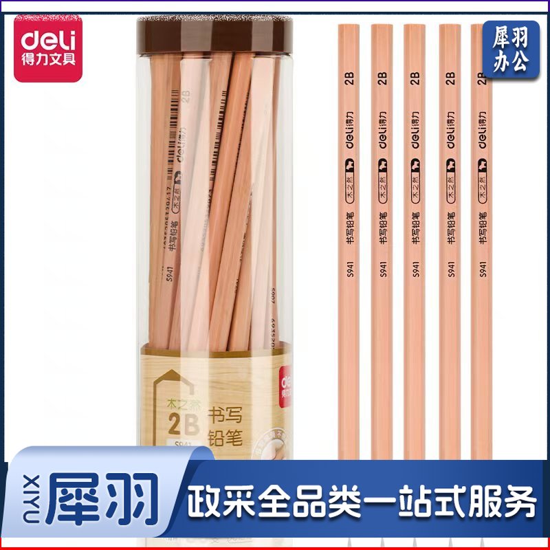 得力文具 S941-2B书写铅笔(原木色) 原木世界绘图素描六角杆书写铅笔 30支/1筒