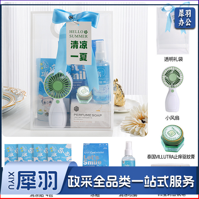 夏日防暑降温包套装礼品公司送员工福利夏季清凉礼包护士节(冰点套餐9（风扇+香氛皂+驱蚊膏+清凉喷雾+冰袖+冰凉贴+吊牌）)