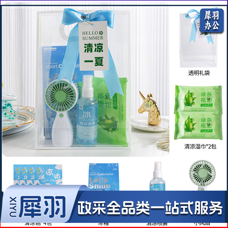 夏日防暑降温包套装礼品公司送员工福利夏季清凉礼包护士节(冰点套餐2（风扇+冰袖+清凉喷雾+湿巾+冰凉贴+吊牌）)
