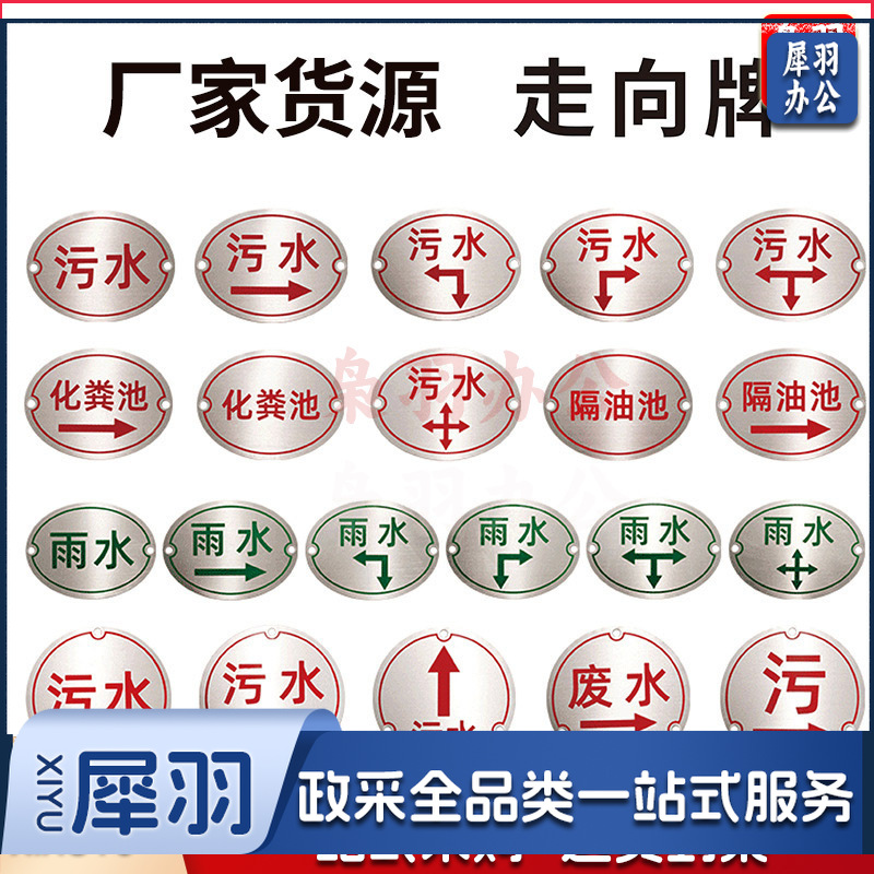 污水雨水不锈钢走向标志牌（6*8cm椭圆形走向牌）化粪池隔油池地面标识牌