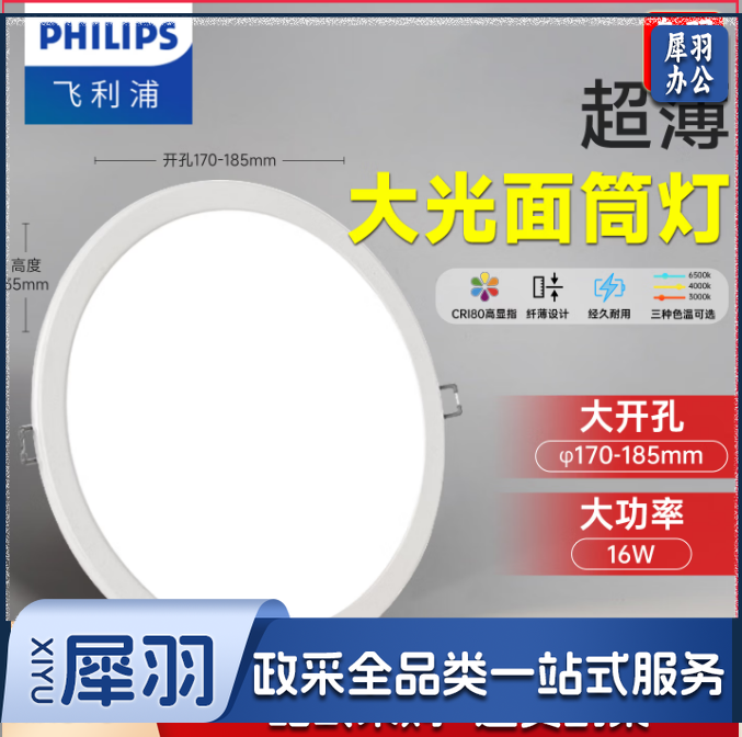 飞利浦（PHILIPS）LED筒灯 嵌入式天花过道三色孔灯超薄桶灯洞灯筒射灯 16W【开孔170-185mm】 中性光4000K