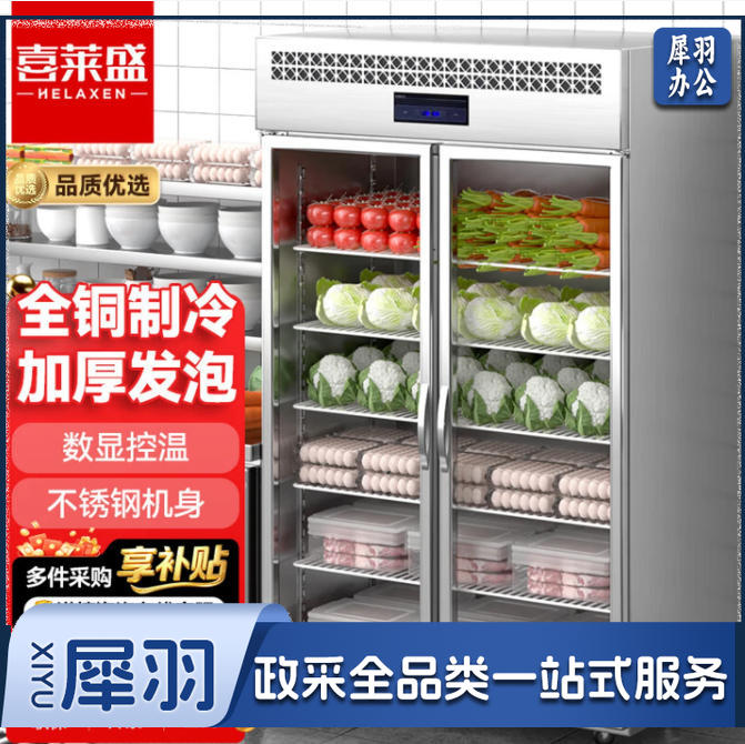 喜莱盛商用冰柜四六门厨房冰箱后厨不锈钢全铜管展示柜冷藏大玻璃双门冷藏豪华款XLS-2GBC