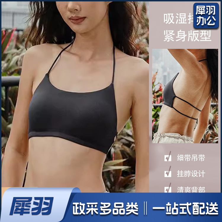 欧美挂脖运动内衣 女 夏季细带性感美背健身带胸垫文胸瑜伽服上衣