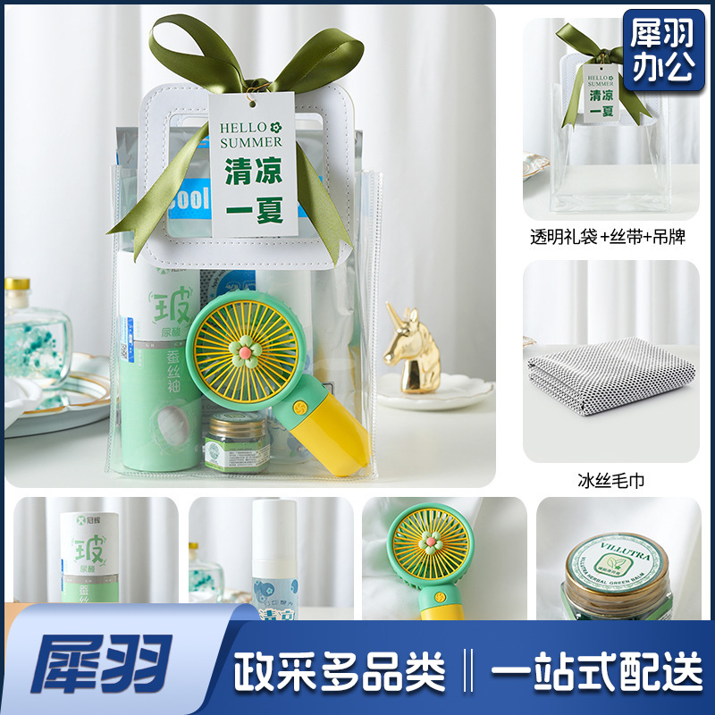 夏日防暑降温包套装礼品员工福利夏季清凉礼包护士节(清凉套餐4（玻尿酸冰袖+清凉喷雾+风扇+清凉膏+冰丝毛巾+吊牌）)