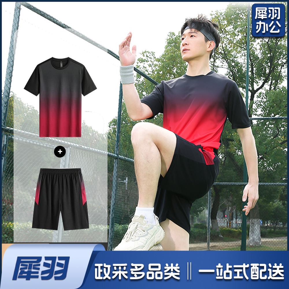 运动套装男健身衣服速干夏季冰丝短袖短裤t恤羽毛篮球足球跑步服