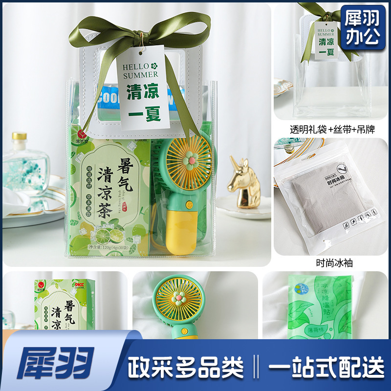 夏日防暑降温包套装礼品公司送员工福利夏季清凉礼包护士节(清凉套餐1（风扇+清凉茶+冰袖+冰凉贴+吊牌）)