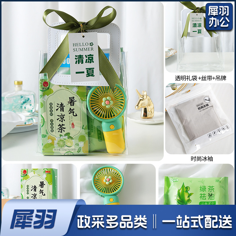 夏日防暑降温包套装礼品公司送员工福利夏季清凉礼包护士节(清凉套餐2（风扇+清凉茶+冰袖+冰凉贴+吊牌）吊牌）)