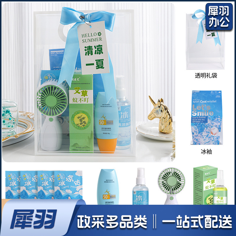 夏日防暑降温包套装礼品公司送员工福利夏季清凉礼包护士节(冰点套餐4（风扇+蚊不叮+防晒霜+清凉喷雾+冰袖+冰凉贴+吊牌）)