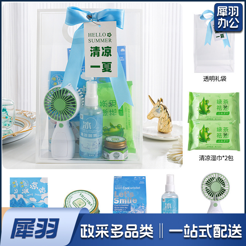 夏日防暑降温包套装礼品公司送员工福利夏季清凉礼包护士节(冰点套餐3（风扇+冰袖+清凉喷雾+驱蚊膏+冰凉贴+湿巾+吊牌）)