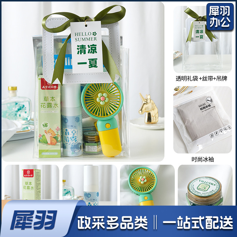 夏日防暑降温包套装礼品员工福利夏季清凉礼包护士节(清凉套餐5（风扇+同仁堂花露水+清凉喷雾+驱蚊膏+时尚冰袖+吊牌）)