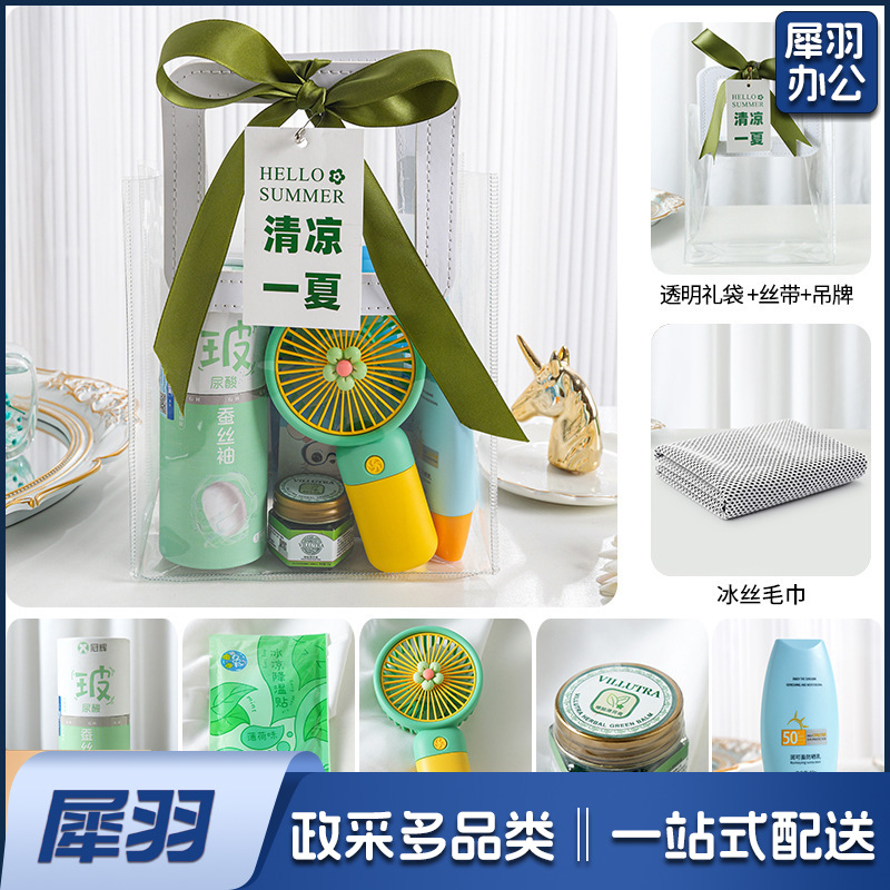 夏日防暑降温包套装礼品员工福利夏季清凉礼包护士节（清凉套餐七：玻尿酸冰袖+风扇+驱蚊膏+冰丝毛巾+冰凉贴+防晒霜+吊牌冰凉贴+冰袖+吊牌