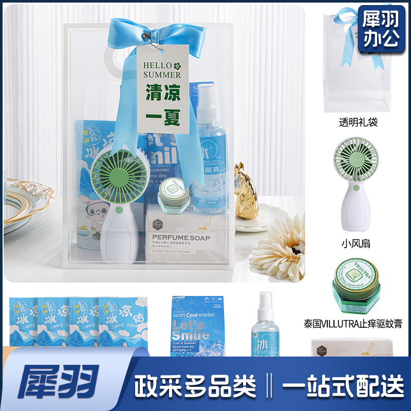 夏日防暑降温包套装礼品公司送员工福利夏季清凉礼包护士节(冰点套餐9（风扇+香氛皂+驱蚊膏+清凉喷雾+冰袖+冰凉贴+吊牌）)