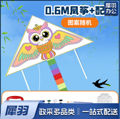 手绘风筝手工diy材料包绘画涂鸦儿童卡通玩具春季户外出游活动（填色风筝+0.6m【30m线+6色颜料+画笔+色盘】）
