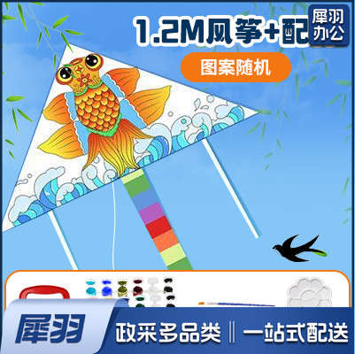手绘风筝手工diy材料包绘画涂鸦儿童卡通玩具春季户外出游活动（填色风筝+1.2m【50m线+12色颜料+画笔+色盘】）